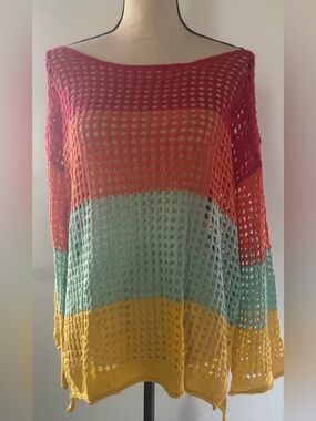 Colorblock Open-Knit Sweater - Red, Orange, Mint, Yellow